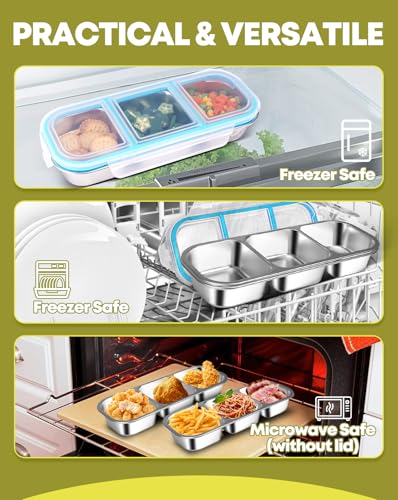 2 Pack Stainless Steel Snack Containers (3 compartment Blue Yellow)