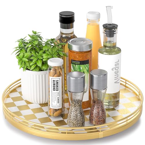 13 Inch Gold and White Checkerboard Lazy Susan with Rubberwood Base (Gold & White / 13 inches)