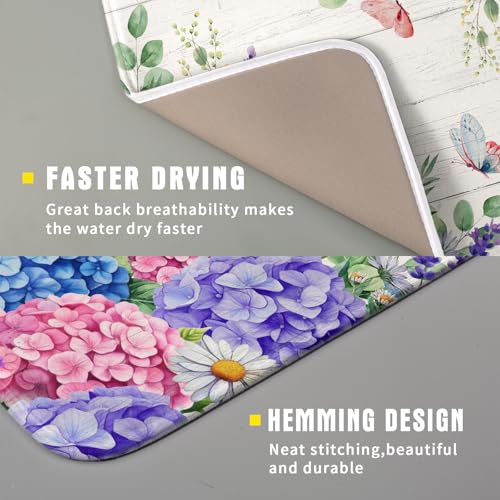 Hydrangea Floral Dish Drying Mat 16x18 inch Spring Summer Decorative Fast Dry Dishes Draining Mats Absorbent Microfiber Drainer Rack Pad (Hydrangea Floral / 16 x 18 inch)