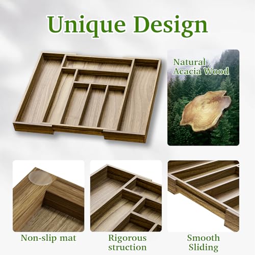 Acacia Wood Kitchen Silverware Drawer Organizer (8 Slots)