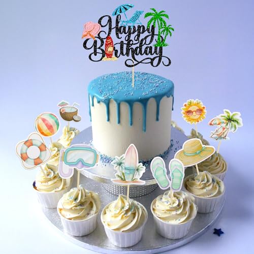 37Pcs Summer Beach Pool Cupcake Toppers Glitter Beach Happy Birthday Cake Topper Ball Sun Umbrella Water Gun Cupcake Picks for Tropical Hawaii Theme Birthday Party Decorations Supplies Black (Black 3)