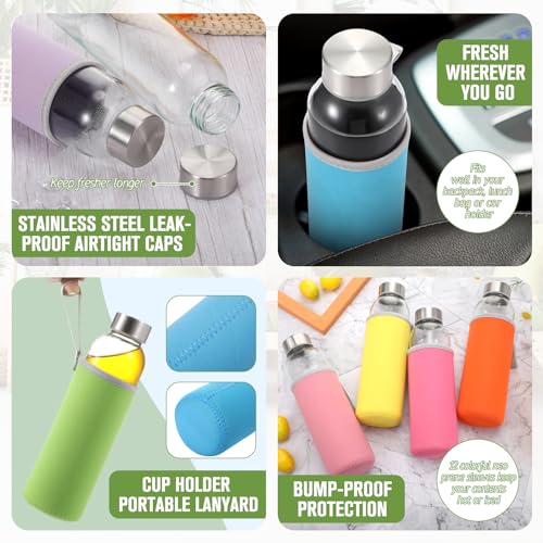 12 Pack Glass Water Bottles with Sleeves (Classic / Colorful)