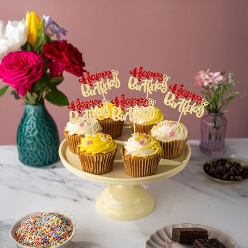 24Pcs Happy Birthday Cupcake Toppers Double Layer Glitter Happy Birthday Cake Decorations for Christmas Theme Baby Shower Anniversary Party Decorations Supplies Red Gold (Style 1 / Red Gold)