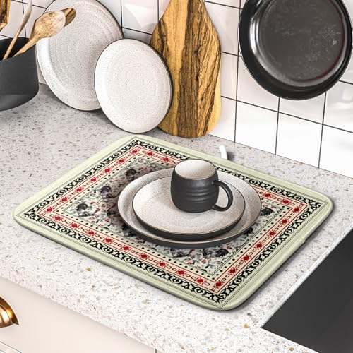 Vintage Rooster Dish Drying Mat 18 X 16 Small Drying Matt Kitchen Counter for Home Decor (Vintage Rooster 1125 / 18" x 16")
