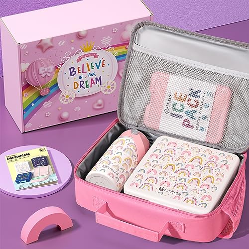 Kids Bento Lunch Box with Toddler Insulated Water Bottle Lunch Bag (A10. Rainbow)