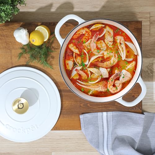Artisan 5 Quart Round Dutch Oven (Matte Linen White w/ Gold Knob / 5-Quart)
