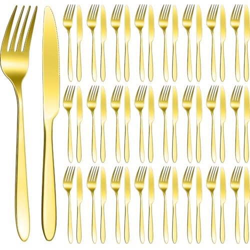 50 Pieces Stainless Steel Forks Silverware Set Dinner Forks and Knives Flatware Tableware Cutlery Set for Kitchen Restaurant (7.1 x 1 Inch, 8.4 x 0.7 Inch / Gold)