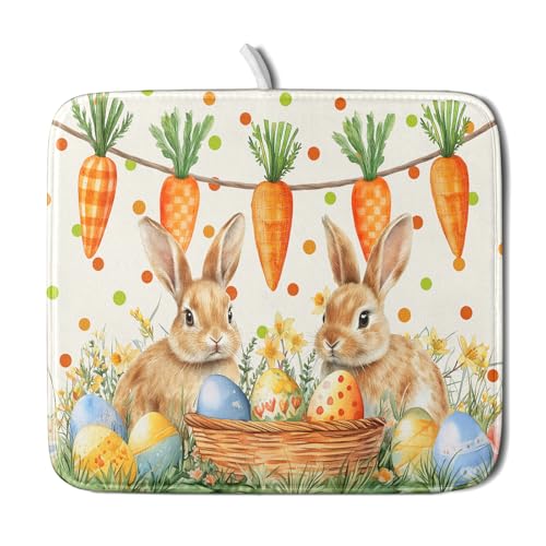 Easter Bunny Dish Drying Mat Eggs Carrot Dishes Drainer Pad Absorbent Reversible Dish Rack Mat Protector for Kitchen Countertop 16x18 Inch (Easter Bunny Carrot / 16" x 18")
