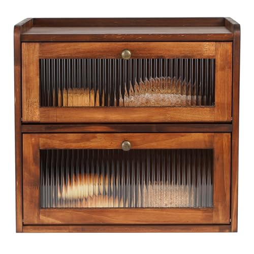 Bread Box for Kitchen Countertop Wooden Bread Storage Container Bin 2 Layer Breadbox Holder Large Capacity Keeper Vintage Farmhouse Food Organizer Pantry Shelf Acrylic Window (Brown)
