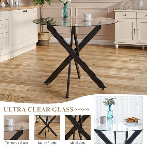 36” Round Glass Dining Table for 4 (Black Round Table / 1 Piece)
