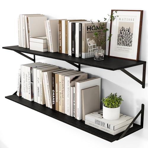 44W x 12D Deep Floating Shelves Set of 2 Black (Black With Black Metal Bracket / 44Wx12Dx5.8H)