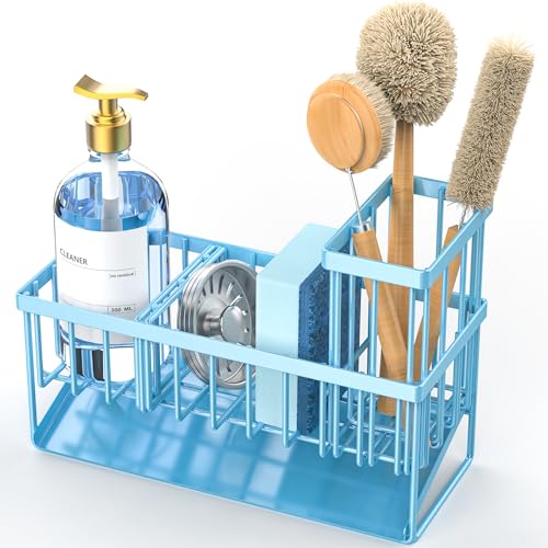 Blue Kitchen Sink Caddy Organzier with High Brush Holder