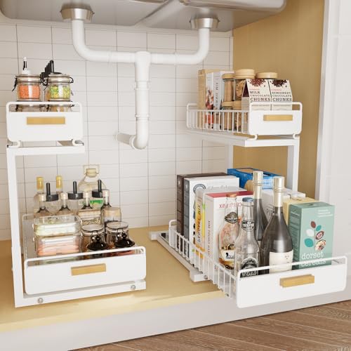 2 Pack Under Sink Organizer with Ball Bearing Sliding Drawer (2 Pack Double Layer / White)