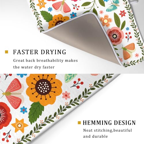Colorful Boho Floral Dish Drying Mat 18x24 Inch Dishes Dry Pad Drainer Rack Mats Absorbent Hanging Loop Kitchen Counter Bar Accessories (White Boho Floral / 24" x 18")