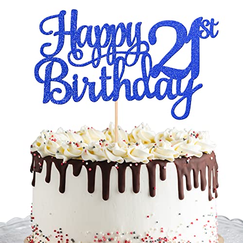 1 PCS Happy 21st Birthday Cake Topper Glitter Cheers to 21 Years Cake Pick 21 Fabulous Cake Decoration for 21st Birthday Theme Party Decorations Supplies Blue (Blue / 21st)