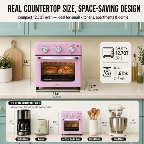 6-in-1 Retro Air Fryer Toaster Oven Combo, Compact 12.7 QT Small Countertop Convection Oven, Fits 9" Pizza & 4 Toast, Hexagon Hybrid Heating, Enamel Baking Pan Included, Pink Color (12.7-QT Classic Pink Color)