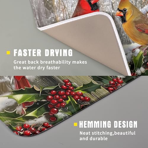 Winter Birds Dish Drying Mat Red Berry Dish Drainer Rack Mat Microfiber Absorbent Dish Drying Pad for Kitchen Counter Coffee Bar 16x18 Inch (Winter Red Birds / 16" x 18")