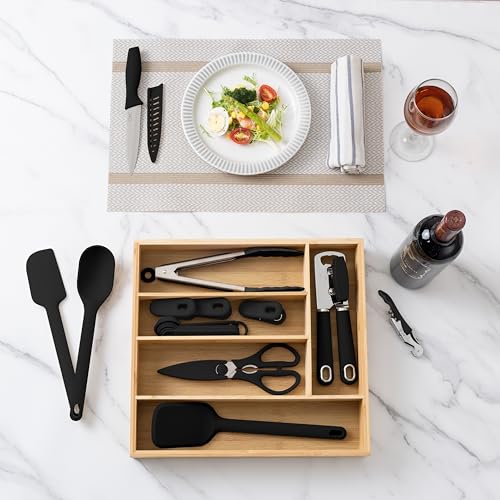 Bamboo Kitchen Utensil Set with Drawer Organizer (Black / 18 Piece Gadget Set)