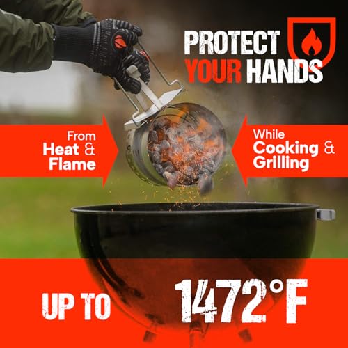 BBQ Grill Gloves Heat Proof for Men 932°F Grilling Fire Pit (Full Black / Mid Cuff - Medium Palm)