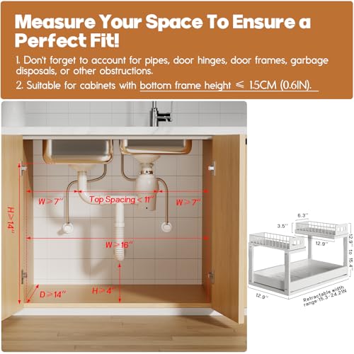 1 Pack Expandable Under Sink Organizers Storage With Upgrade Ball (1 Pack-15.3"-24.2"W / White)