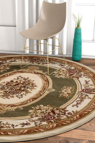 Timeless Collection Le Petit Palais Green 5' Foot Round Luxurious Traditional French Medallion Oriental Area Rug Living Room Bedroom Dining Room Easy (5'3" (Round) / Green)