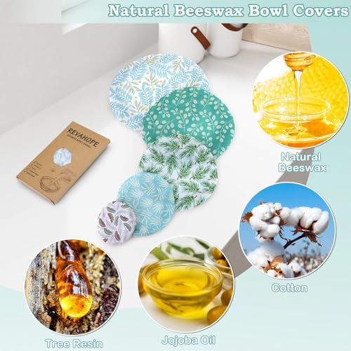 5Pcs Reusable Beeswax Elastic Bowl Covers for Bread Proofing and Food Cover (Green Leaves)