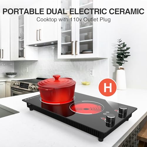 110v Electric Cooktop 2 Burners 12'' Electric Stove Top Knob Control (Black 2 Burner)