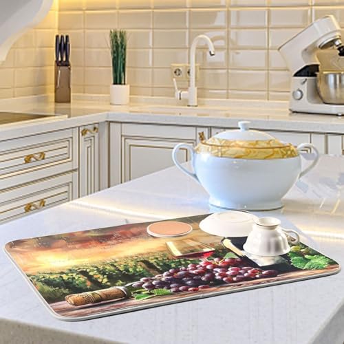 Grapes Wine Glass Bottle Dish Drying Mat for Kitchen Counter Absorbent Microfiber Drying Pad (16" x 16")