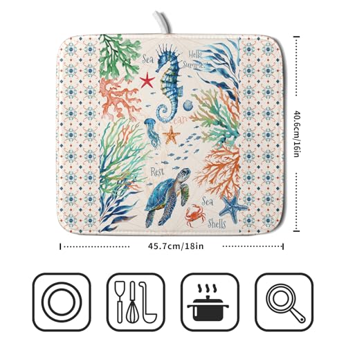 Nautical Coastal Dish Drying Mat Sea Turtle Seahorse Dish Drainer Pad 16"x18" Microfiber Reversible Fast Dry Pad for Kitchen Counter Decor (Coral Turtle / 16" x 18")