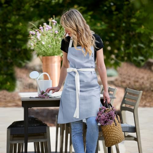 100% Linen Apron (Chambray Blue / Ivory / 39.5 X 37 Inch)