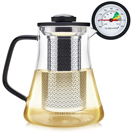 2-in-1 Tea Kettle and Tea Steeper - Glass Teapot with Thermometer and Stainless Steel Loose leaf Tea Infuser, No Whistle Kettles, Virtuoso 34-Ounce Tea Maker