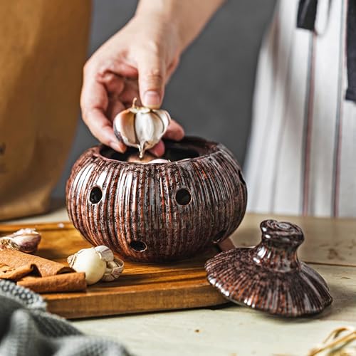Ceramic Garlic Keeper Jar and Lid (Brown)