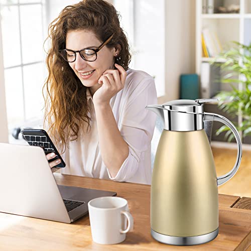 61oz Coffee Carafe Airpot Insulated Coffee Urn Stainless Steel Vacuum Thermal Pot Flask Dispenser for Coffee (Gold)