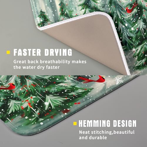 Winter Pine Tree Dish Drying Mat Red Bird Berry Dishes Drainer Mats Absorbent Microfiber Kitchen Counter Protector Drying Mats 16x18 Inch (Winter Pine Tree / 16" x 18")