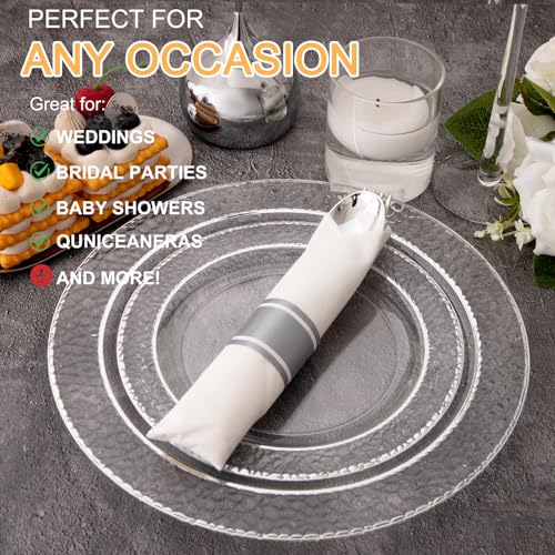 400PCS Silver Wrapped Silverware Set Disposable Hammered for Wedding (Silver - Hammered)