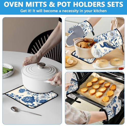 Blue Bird Blooming Flower Oven Mitts and Pot Holders Sets Heat Resistant 4Pcs Potholders Oven Gloves Hot Pads for Kitchen Baking Cooking Grilling BBQ (Bird Blooming Flower)