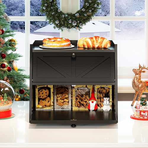 Vintage Double Layer Bread Box for Kitchen Counter Bamboo Bread Storage Container Large Capacity Bread Storage Bin (Black)