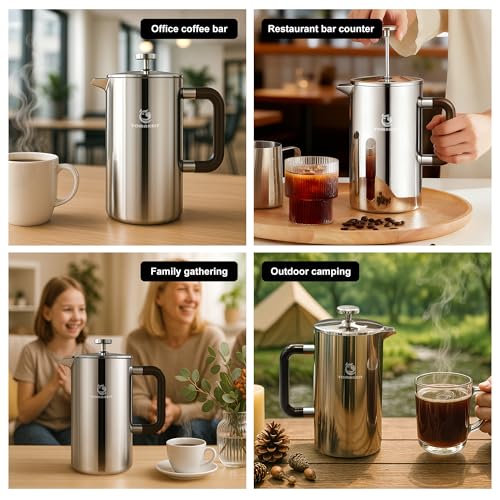1L 34 Oz French Press Coffee Maker (Silver-Upgrade)