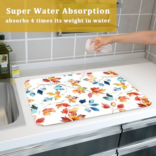 Autumn Leaf Dish Drying Mat Large Fall Colorful Leaves Absorbent Dish Drain Mats for Kitchen Counter (Autumn Leaf 606 / 24" x 18")