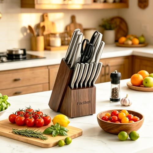 14 Pieces Knife Block Set German Stainless Steel with Sharpener (Silver + Walnut)
