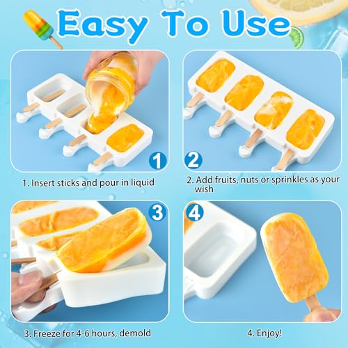 4 Set Silicone Popsicle Molds 4 Cavities Ice Cream Oval Cake Molds with 200 Sticks (4 Set / White)