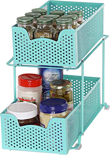 2 Tier Sliding Cabinet Basket Organizer Drawer (Turquoise / 1-Pack)