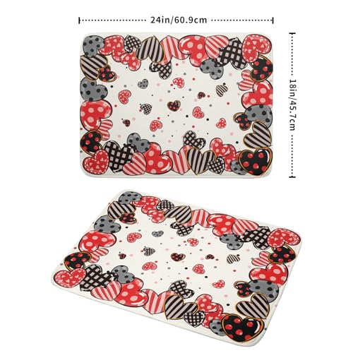 Red Heart Dish Drying Mat 18"x24" Love Dots Microfiber Dish Drainer Rack Mat Holiday Absorbent Fast Dry Pad for Kitchen Counter Home Decor (Heart Dots / 24" x 24")