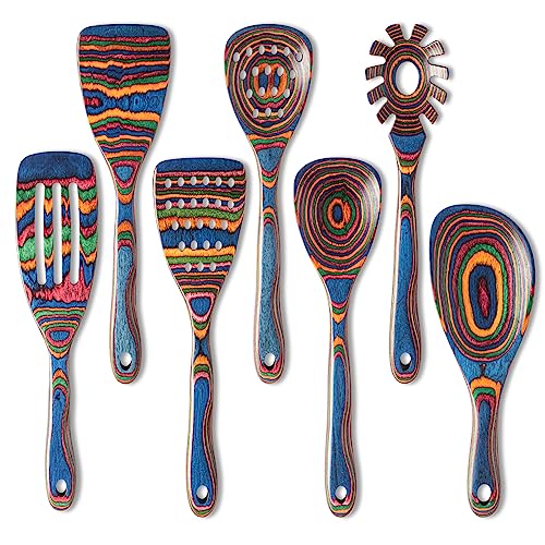 Pakka wood 7 Piece Blue Wooden Cooking Utensils (7 PCS Rainbow)