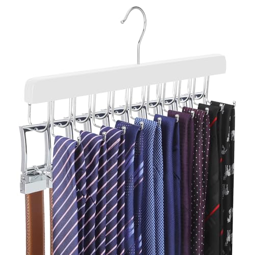 20 Hooks 2 in 1 Belt Tie Hanger for Closet Max 30 Belts with 30 Ties Capacity (White)