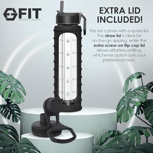 32 oz Glass Water Bottle with Time Marker (Ribbed Black Sleeve)