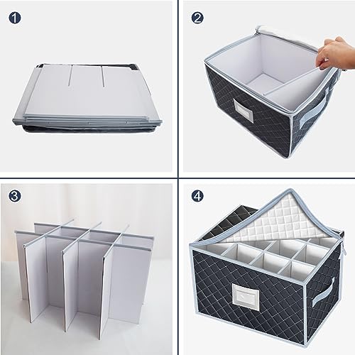 Wine Glass Storage Box with Dividers Holds 24 Stemware Storage Cases or China Crystal Glassware Containers with Handles and Lable Window (2 Count)
