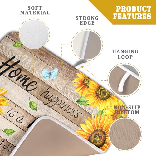 Sunflower Floral Dish Drying Mat for Kitchen Countertop 16x18 inch Rustic Wood Washable Microfiber Absorbent Dishes Drainer Rack Pad (Sunflower Wood Home / 16" x 18")