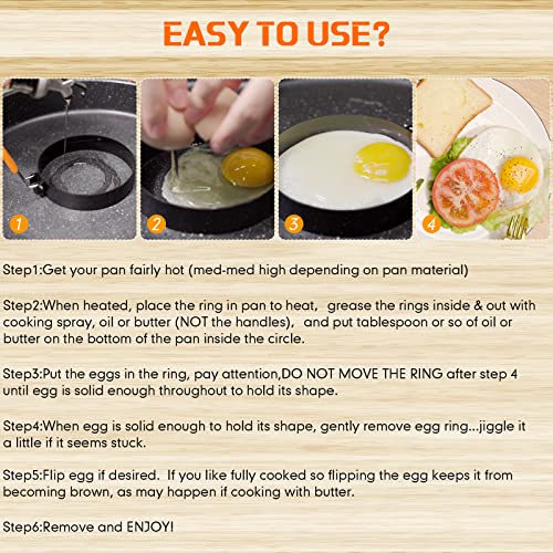 6 Pcs Egg Ring Pancake Ring Set Stainless Steel Fried Egg Molds Griddle Pancake Shapers with Silicone Handle for Breakfast Omelette Sandwich (Square, Round / 4 inches, 6 inches, 8 inches)
