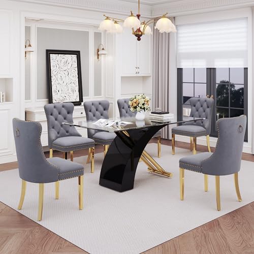 7 Piece Glass Dining Table Set for 6 (Black Table & Gold Grey Chair / 7-Piece Set-X-Shaped Table)
